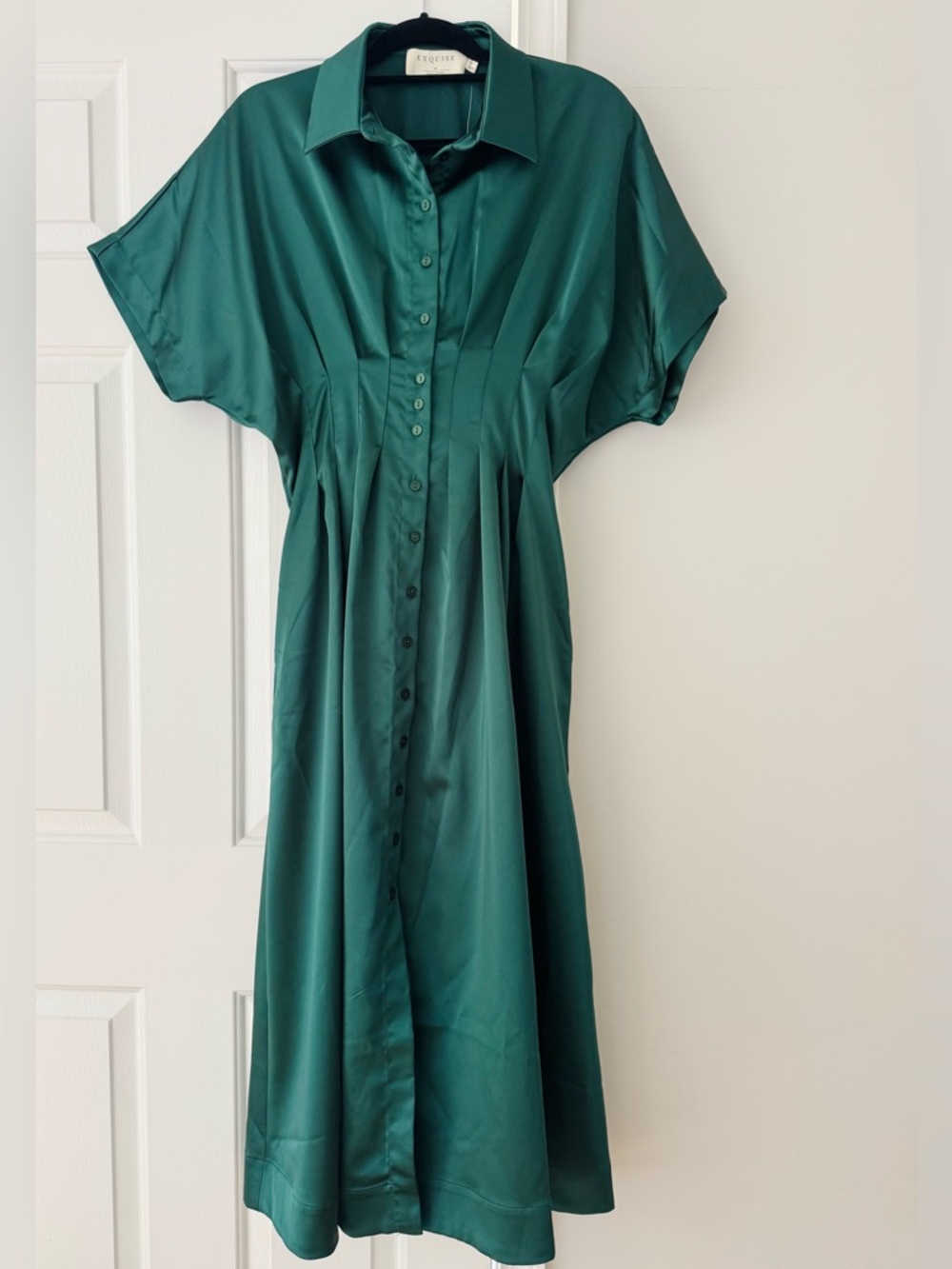 Anthropologie The Tobie Emerald Green Satin Maxi Shirt Dress by Exquise, Size LP - Picture 6 of 14